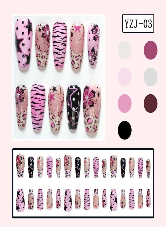 BSBTBZ 30Pcs Medium Press on Nails Square Fake Nails with 3D Pearl-decorated Y2K Style Five-Pointed Star Zebra Stripe Flower Design Glossy False Nails French Nail Tips Cute Stick on Nails for Women - Image 5